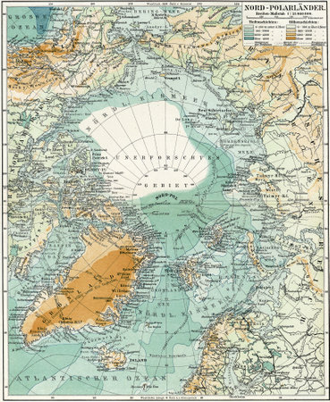 North Pole  Map of the ocean, islands and land around it  Publication of the book  Meyers Konversations-Lexikon , Volume 7, Leipzig, Germany, 1910のeditorial素材
