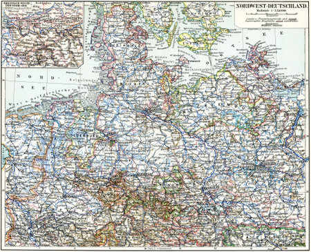 Map of the North-West Germany  Publication of the book  Meyers Konversations-Lexikon , Volume 7, Leipzig, Germany, 1910のeditorial素材