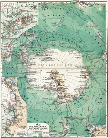 South Pole  Map of the continent, oceans and seas, islands and the land around it  Publication of the book  Meyers Konversations-Lexikon , Volume 7, Leipzig, Germany, 1910のeditorial素材