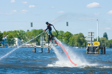 BERLIN, GERMANY - MAY 03, 2014: Demonstration performance at Flyboard. 2nd Berlin water sports festival in Gruenau.のeditorial素材