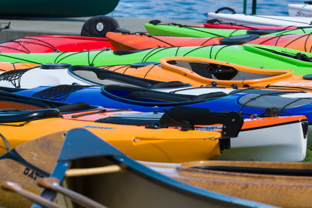 BERLIN, GERMANY - MAY 03, 2014: Sport boats, kayaks and canoes at the marina. Background. 2nd Berlin watersports festival in Gruenau, on the river Dahme tributary of the river Spreeのeditorial素材