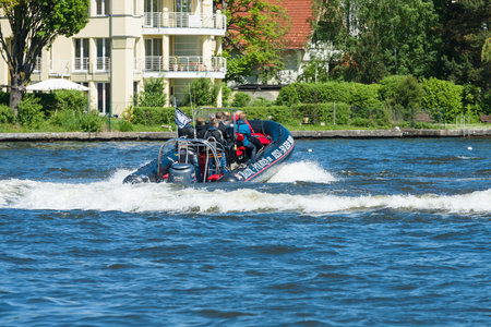 BERLIN, GERMANY - MAY 03, 2014: Trip to visitors on a powerful motorboat. 2nd Berlin water sports festival in Gruenauのeditorial素材