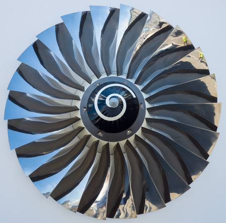 The blades of a turbofan jet engine close up  