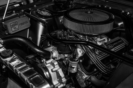 BERLIN, GERMANY - MAY 17, 2014: Boss 302 engine for high-performance variant of the Ford Mustang (1969). Black and white. 27th Oldtimer Day Berlin - Brandenburg のeditorial素材