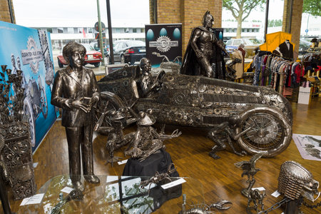 BERLIN, GERMANY - MAY 17, 2014: Sculptures made of metal (Mercedes Benz W25, frog, Gollum, Angela Merkel), hand-made of metal, the firm Giganten aus Stahl (black and white). 27th Oldtimer Day Berlin - Brandenburg のeditorial素材