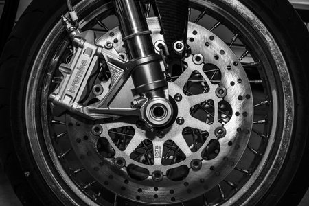 BERLIN, GERMANY - MAY 17, 2014: The front brakes of a sports motorcycle Norton Commando 961 Cafe Racer. Black and white. 27th Oldtimer Day Berlin - Brandenburg のeditorial素材