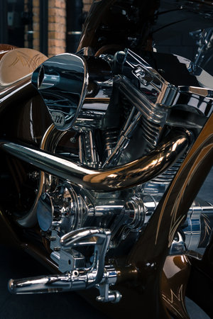 BERLIN, GERMANY - MAY 17, 2014: Engine of a handmade's motocycle Chili One (Chili Custom Motors), close-up. 27th Oldtimer Day Berlin - Brandenburg のeditorial素材