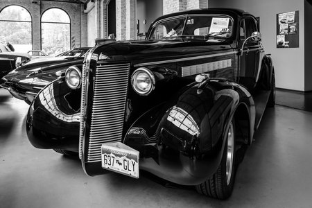 BERLIN, GERMANY - MAY 17, 2014: Sports car Buick Hot Rod Business Coupe V8 Big Block Andere. Black and white. 27th Oldtimer Day Berlin - Brandenburg のeditorial素材