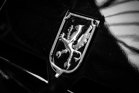 BERLIN, GERMANY - MAY 17, 2014: Emblem of the car Iso Rivolta Fidia (1970). Black and white. 27th Oldtimer Day Berlin - Brandenburg のeditorial素材