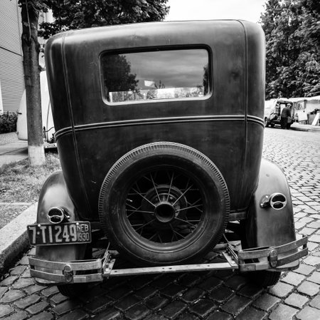BERLIN, GERMANY - MAY 17, 2014: Oldtimer Ford Model A Deluxe Tudor Sedan (1930). Black and white. Rear view. 27th Oldtimer Day Berlin - Brandenburg のeditorial素材