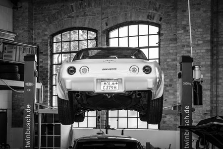 BERLIN, GERMANY - MAY 17, 2014: Modern Chevrolet Corvette in the workshop. Black and white. 27th Oldtimer Day Berlin - Brandenburg のeditorial素材