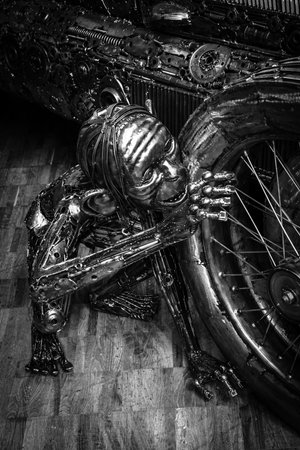 BERLIN, GERMANY - MAY 17, 2014: The mythical character Gollum, hand-made of metal, the firm Giganten aus Stahl (black and white). 27th Oldtimer Day Berlin - Brandenburg のeditorial素材