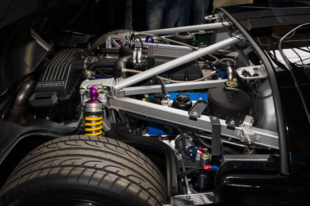 BERLIN, GERMANY - MAY 17, 2014: Engine compartment of a modern sports car Ford GT. 27th Oldtimer Day Berlin - Brandenburg のeditorial素材