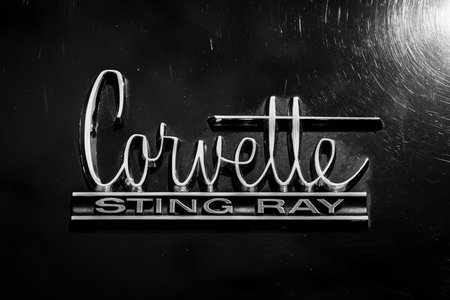 BERLIN, GERMANY - MAY 17, 2014: Emblem sports car Chevrolet Corvette Sting Ray (C2). Black and...