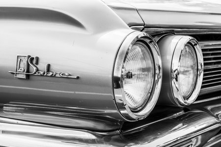 BERLIN, GERMANY - MAY 17, 2014: Detail of the full-size car Buick LeSabre 4-Door Sedan (1962). Black and white. 27th Oldtimer Day Berlin - Brandenburg のeditorial素材