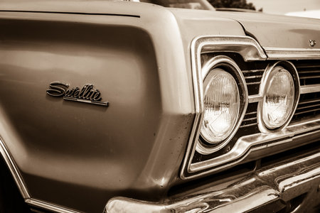 BERLIN, GERMANY - MAY 17, 2014: Detail of the mid-size car Plymouth Satelitte 2-door Hardtop (First Generation). Sepia. 27th Oldtimer Day Berlin - Brandenburg のeditorial素材