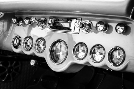 BERLIN, GERMANY - MAY 17, 2014: Dashboard of a sports car Chevrolet Corvette (C1). Black and white. 27th Oldtimer Day Berlin - Brandenburg のeditorial素材