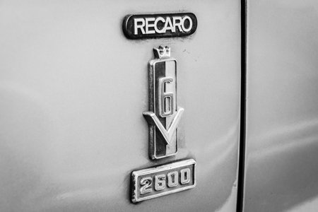 BERLIN, GERMANY - MAY 17, 2014: Emblem Recaro (manufacturer of car seats) on the large family car Ford 26M (P7b). Black and white. 27th Oldtimer Day Berlin - Brandenburg のeditorial素材