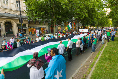 BERLIN, GERMANY - JULY 18, 2014: March of Solidarity with the Palestinian People. Conflict in the Middle East between Israel and Palestine.のeditorial素材