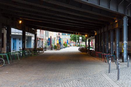BERLIN, GERMANY - JUNE 06, 2014: Road under the overpass and bicycle parking in the center of Berlin. District Hackescher Markt. Early morning. のeditorial素材