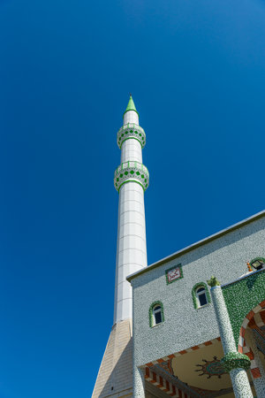 SIDE, TURKEY - JUNE 21, 2014: The minaret of the main mosque in the town of Side. Anatolian coast.のeditorial素材