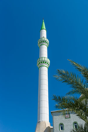 SIDE, TURKEY - JUNE 21, 2014: The minaret of the main mosque in the town of Side. Anatolian coast.のeditorial素材