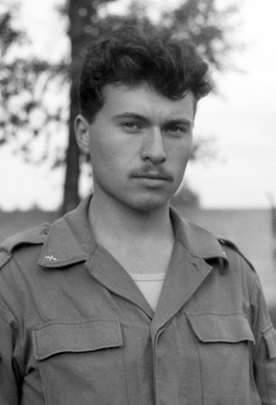 MOSCOW REGION, RUSSIA - CIRCA 1993: Portrait of a soldier. Film scan. Large grain, circa 1993のeditorial素材