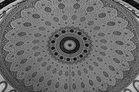 AVSALLAR, TURKEY - JUNE 30, 2014: Detail of the interior of the main mosque in the village of Avsallar. Black and white. Anatolian coast.のeditorial素材