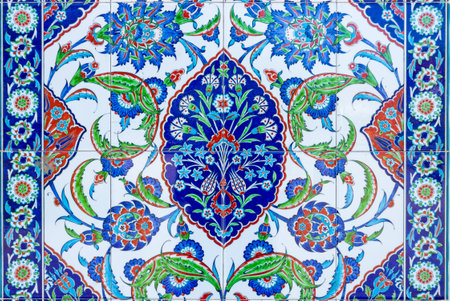 AVSALLAR, TURKEY - JUNE 30, 2014: East ornament on the tile on the wall of the mosque in the village of Avsallar. Anatolian coast.のeditorial素材