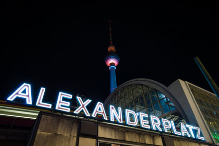 Train station Berlin Alexanderplatz and TV Tower in night illumination. The annual Festival of Lights 2014のeditorial素材