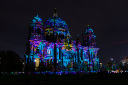 BERLIN, GERMANY - OCTOBER 17, 2014: Berlin Cathedral (Berliner Dom) in the original illumination. The annual Festival of Lights 2014のeditorial素材