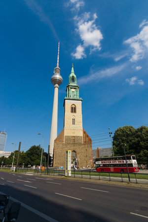 BERLIN - JULY 18, 2014: City landscape. In the background, the Berlin TV Tower and St. Mary's Church (Marienkirche)のeditorial素材