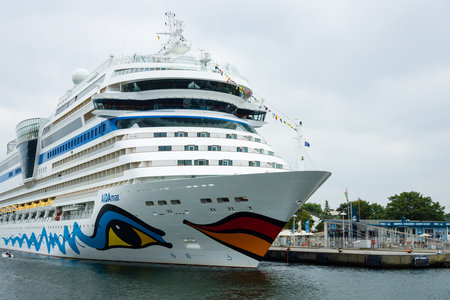 ROSTOCK, GERMANY - AUGUST 02, 2014: AIDAmar at berth Warnemunde. AIDAmar is a Sphinx class cruise ship, length 253 m, capacity of 2686 passengersのeditorial素材