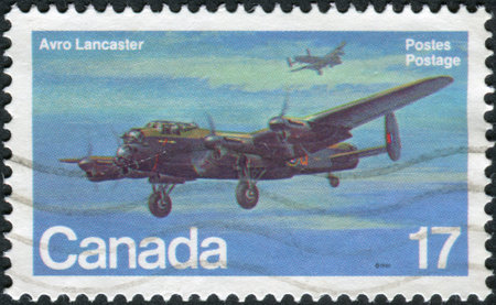 CANADA - CIRCA 1980: Postage stamp printed in Canada shows a British four-engined Second World War heavy bomber, Avro Lancaster, circa 1980のeditorial素材