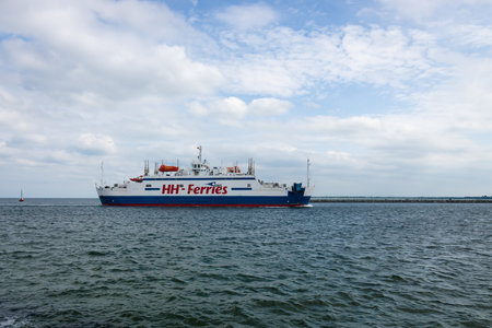 ROSTOCK, GERMANY - AUGUST 02, 2014: The ferry Mercandia VIII, shipping company's HH-Ferries at the seaport of Rostock. Rostock is Germany's largest Baltic port.のeditorial素材
