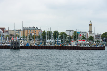 ROSTOCK, GERMANY - AUGUST 02, 2014: The historic quarter of Rostock - Warnemunde. View from the sea. Warnemunde's large, sandy beaches are the broadest on the German Baltic Sea coastのeditorial素材