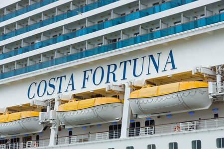 ROSTOCK, GERMANY - AUGUST 02, 2014: Detail of a cruise liner Costa Fortuna. Costa Fortuna is a cruise ship Destiny-class, Length 273 m, capacity of 2720 passengers.のeditorial素材