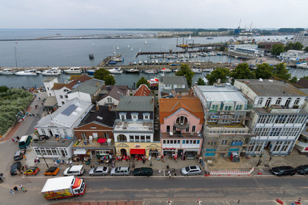 ROSTOCK, GERMANY - AUGUST 02, 2014: The view from the heights of the historical quarters district of Warnemunde. Warnemunde's large, sandy beaches are the broadest on the German Baltic Sea coastのeditorial素材
