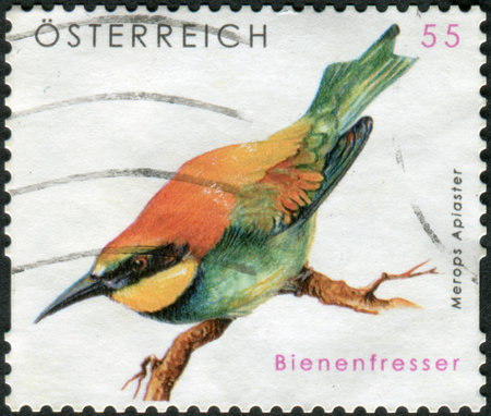 AUSTRIA - CIRCA 2009: Postage stamp printed in Austria, shows bird European Bee-eater (Merops apiaster), circa 2009のeditorial素材