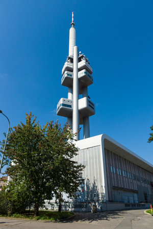 PRAGUE, CZECH REPUBLIC - SEPTEMBER 04, 2014: Famous Prague Zizkov Television Tower (216 metres). The tower is an example of high-tech architectureのeditorial素材