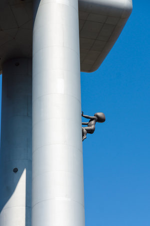 PRAGUE, CZECH REPUBLIC - SEPTEMBER 04, 2014: Detail of the sculpture "Tower Babies" by David Cerny at the Prague Zizkov Television Tower (216 metres). The tower is an example of high-tech architecture.のeditorial素材