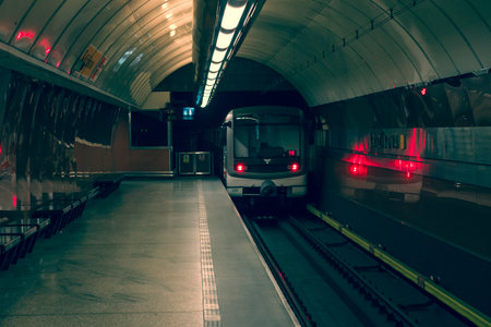PRAGUE, CZECH REPUBLIC - SEPTEMBER 04, 2014: Prague metro. Train in the tunnel. Toning. Stylization....