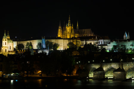 Prague Castle and the Charles Bridge at night illumination.のeditorial素材