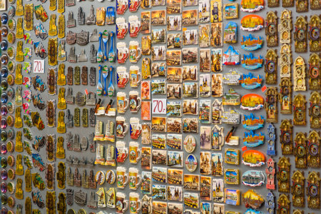 PRAGUE, CZECH REPUBLIC - SEPTEMBER 18, 2014: Prague souvenirs, background of gift magnets. Prague is the capital and largest city of the Czech Republic.のeditorial素材