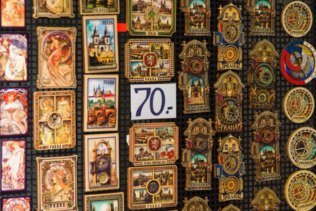 PRAGUE, CZECH REPUBLIC - SEPTEMBER 18, 2014: Prague souvenirs, background of gift magnets. Prague is the capital and largest city of the Czech Republic.のeditorial素材