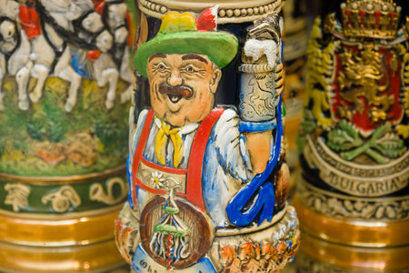 PRAGUE, CZECH REPUBLIC - SEPTEMBER 18, 2014: Prague souvenirs, a fragment of an image on a beer mug. Prague is the capital and largest city of the Czech Republic.のeditorial素材
