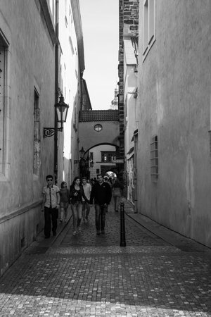 PRAGUE, CZECH REPUBLIC - SEPTEMBER 18, 2014: Street and everyday life of the city. Black and white. Prague is the capital and largest city of the Czech Republic.のeditorial素材