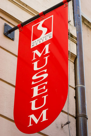 PRAGUE, CZECH REPUBLIC - SEPTEMBER 18, 2014: Sex Machines Museum is a sex museum in Prague, which has a collection of sex devices. Established in 2002, it is located near the Old Town Square.のeditorial素材