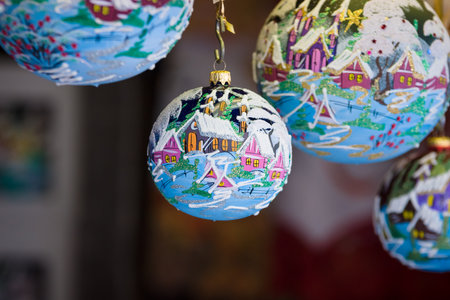 PRAGUE, CZECH REPUBLIC - SEPTEMBER 18, 2014: Prague souvenirs, handmade Christmas decorations. Prague is the capital and largest city of the Czech Republic.のeditorial素材