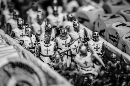 PRAGUE, CZECH REPUBLIC - SEPTEMBER 18, 2014: Prague souvenirs, tin soldiers (Crusaders). Black and white. Prague is the capital and largest city of the Czech Republic.のeditorial素材